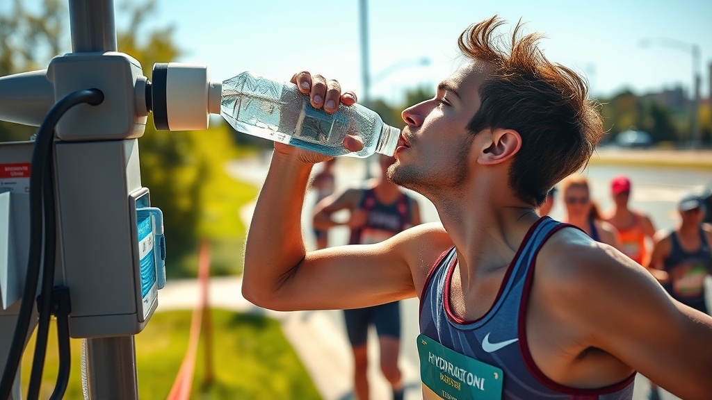 급수대에서 물을 마시는 하프마라톤 참가자