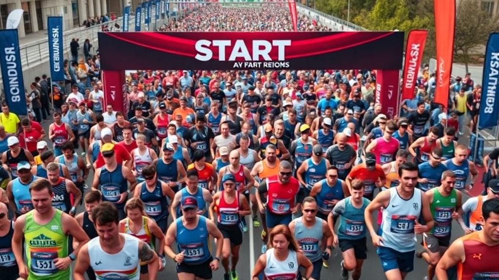 대규모 마라톤 대회에서 출발하는 참가자들의 전경