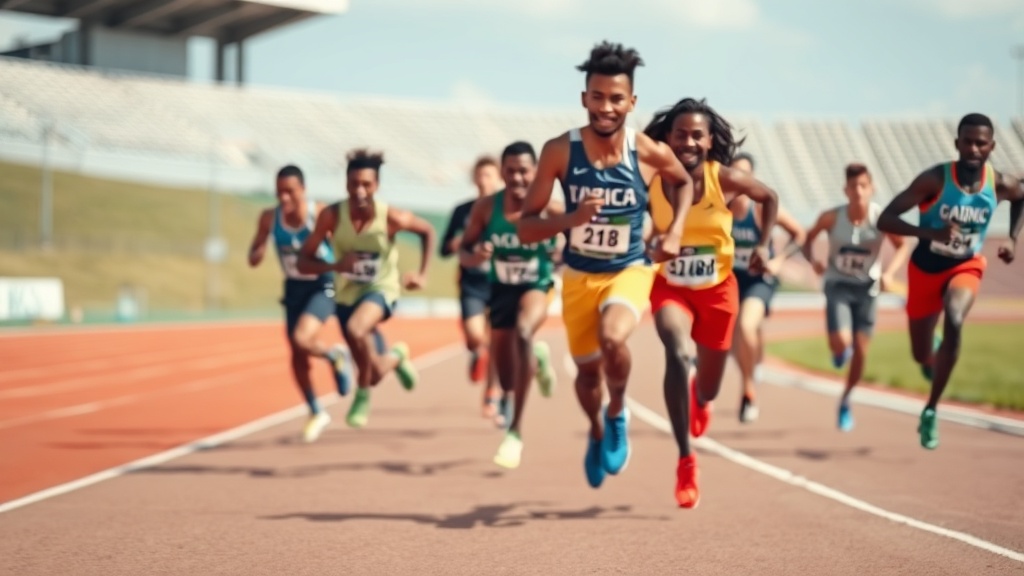 육상 트랙에서 다양한 거리를 달리는 러너들의 전경